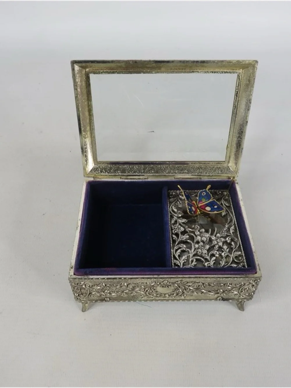 Sankyo Japan Silver Filigree Jewelry Box with Velvet Lining & Enamel Butterfly